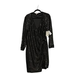 Sequin Cocktail Party Dress Long Sleeve Faux Wrap Mini XL Chelsea28 Black NWT